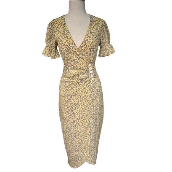 Seven Wonders Yellow Blue Floral Wrap Dress Sz 2 Slit On The Leg Button Closure - Picture 8 of 15